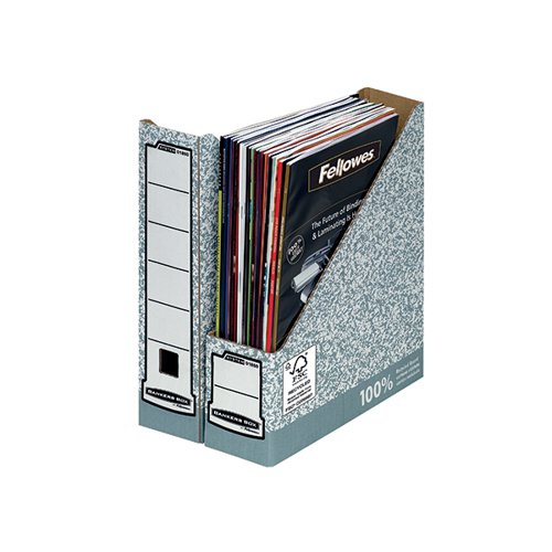 Fellowes Magazine Files have been designed to provide high quality, maximum strength storage for magazines, catalogues, company literature and more. The file features Fastfold assembly for quick and easy construction and a large labelling area for straightforward identification at a glance. This pack contains 10 grey and white files.