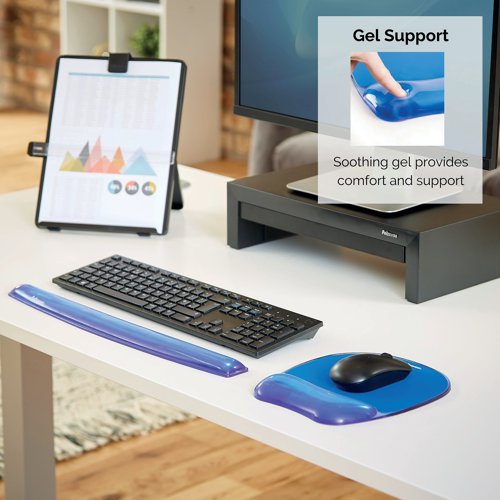 This Fellowes Crystals mouse pad features a soft gel padding with a stain resistant, wipe clean polyurethane cover. The ergonomic design supports the wrist, helping to alleviate pressure and provide comfort. The mouse pad also features a non-slip backing. This pack contains 1 mouse pad in blue.