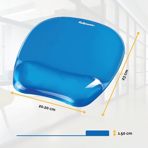 This Fellowes Crystals mouse pad features a soft gel padding with a stain resistant, wipe clean polyurethane cover. The ergonomic design supports the wrist, helping to alleviate pressure and provide comfort. The mouse pad also features a non-slip backing. This pack contains 1 mouse pad in blue.