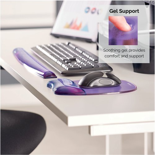 This Fellowes Crystals wrist rest features a soft gel padding with a stain resistant, wipe clean polyurethane cover. The ergonomic design supports the wrist, helping to alleviate pressure and provide comfort. The wrist rest also features a non-slip backing. This pack contains 1 wrist rest in purple.