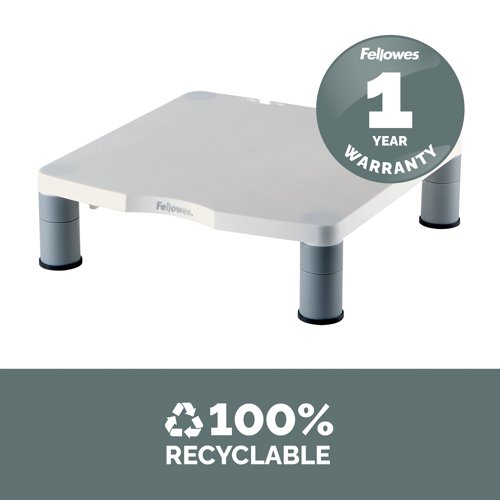 This Fellowes Standard Monitor Riser features 3 height adjustments from 50mm to 100mm with simple to use stacking columns for maximum viewing comfort. Made from 100% recycled plastic, the riser has a maximum weight capacity of 27kg and comes in Platinum.
