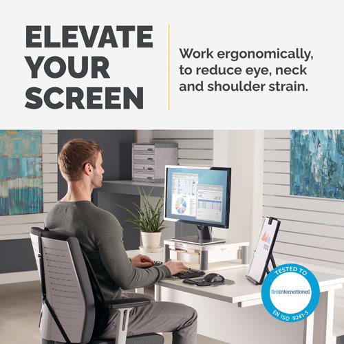 Made from 100% recycled plastic, this Fellowes Premium Monitor Riser Plus features 5 height adjustments from 64mm to 165mm with simple to use stacking columns for maximum viewing comfort. The riser also features a handy storage drawer and a built-in copyholder. This riser has a maximum weight capacity of 36kg for CRT or TFT/LCD monitors up to 21 inches and comes in white.