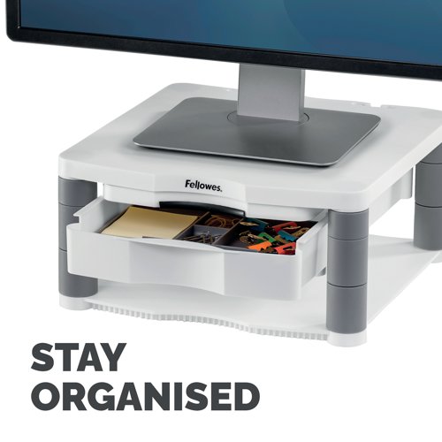 BB91713 | Made from 100% recycled plastic, this Fellowes Premium Monitor Riser Plus features 5 height adjustments from 64mm to 165mm with simple to use stacking columns for maximum viewing comfort. The riser also features a handy storage drawer and a built-in copyholder. This riser has a maximum weight capacity of 36kg for CRT or TFT/LCD monitors up to 21 inches and comes in white.