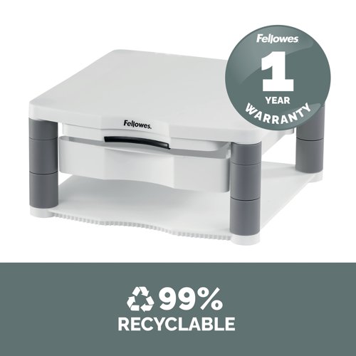 Made from 100% recycled plastic, this Fellowes Premium Monitor Riser Plus features 5 height adjustments from 64mm to 165mm with simple to use stacking columns for maximum viewing comfort. The riser also features a handy storage drawer and a built-in copyholder. This riser has a maximum weight capacity of 36kg for CRT or TFT/LCD monitors up to 21 inches and comes in white.