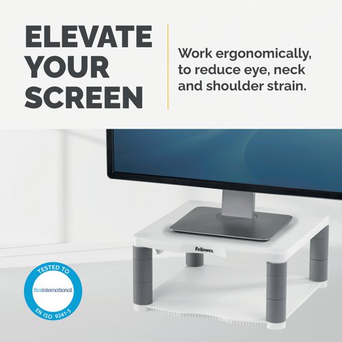 This Fellowes Premium Monitor Riser features 5 height adjustments from 64mm to 165mm with simple to use stacking columns for maximum viewing comfort. The sturdy plastic base can also be used for storage of paper, stationery or other accessories. This riser has a maximum weight capacity of 36kg for CRT or TFT/LCD monitors and comes in Platinum.