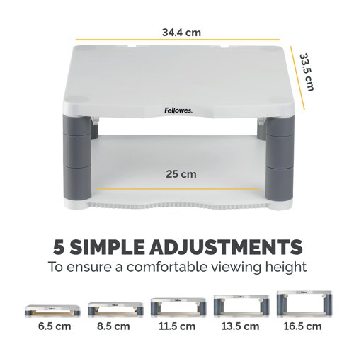 This Fellowes Premium Monitor Riser features 5 height adjustments from 64mm to 165mm with simple to use stacking columns for maximum viewing comfort. The sturdy plastic base can also be used for storage of paper, stationery or other accessories. This riser has a maximum weight capacity of 36kg for CRT or TFT/LCD monitors and comes in Platinum.