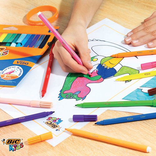 BC00023 | Ideal for classroom use, these BIC Kids Visa Felt Pens feature a fine tip for drawing and colouring. The pens contains water based ink, which is washable from most fabrics. This bulk pack contains 84 felt pens in vibrant assorted colours.