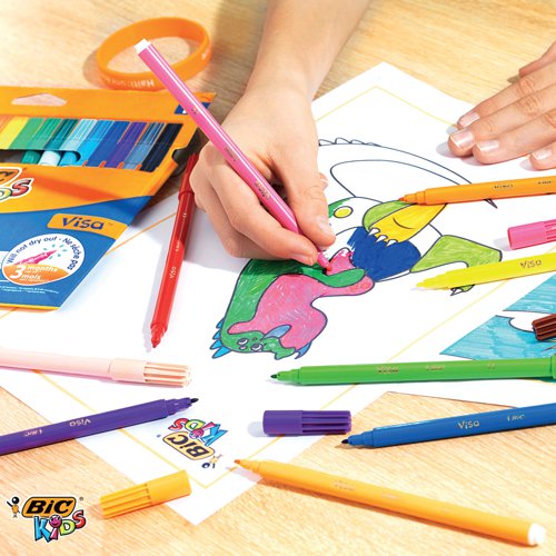 Ideal for classroom use, these Bic Kids Visa Felt Pens feature a fine tip for drawing and colouring. The pens contains water based ink, which is washable from most fabrics. This class pack contains 144 felt pens in vibrant assorted colours.