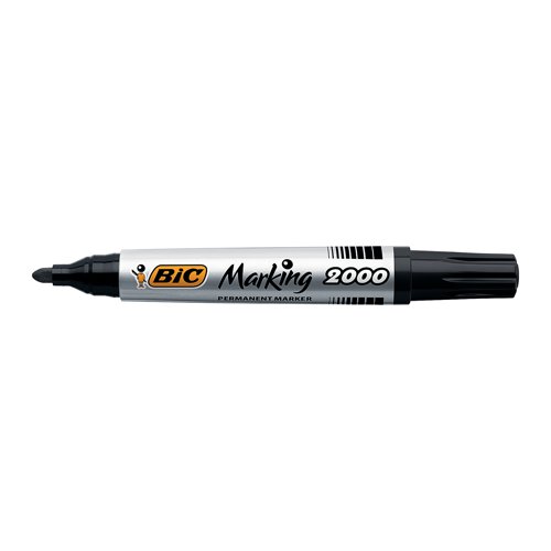 This Bic 2000 Permanent Marker features an ultra-resistant bullet tip that will not bend or retract, even under pressure. The alcohol based, low odour ink is both water and light resistant for long lasting use. The bullet tip writes a 1.7mm line width on most surfaces for labelling, displays and more. The marker also has an extended cap off time of up to 3 weeks without drying out. This pack contains 12 black markers.
