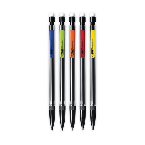 This Bic Matic mechanical pencil lasts up to 2 times longer than a regular graphite pencil, with strong 0.7mm HB lead for writing, drawing and sketching. The pencil features a comfortable design with built-in eraser for use at home, school, or in the office. Each pencil comes with 3 x 90mm HB leads. This pack contains 12 mechanical pencils.