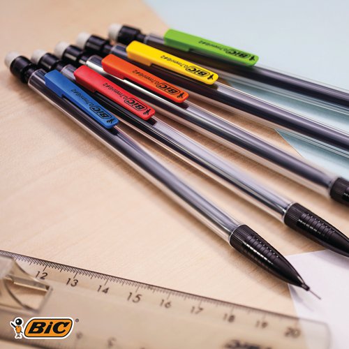This Bic Matic mechanical pencil lasts up to 2 times longer than a regular graphite pencil, with strong 0.7mm HB lead for writing, drawing and sketching. The pencil features a comfortable design with built-in eraser for use at home, school, or in the office. Each pencil comes with 3 x 90mm HB leads. This pack contains 12 mechanical pencils.