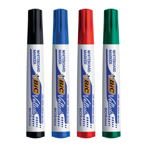 These Bic Velleda Whiteboard Markers feature ketone-based ink that glides on smoothly and erases just as easily, and is low odour to ensure comfort when writing extensively. It features a strong acrylic tip that will not bend or retract into the barrel, even with heavy use. The chisel tip delivers a variable line thickness between 3. 7mm to 5. 5mm, perfect sketching diagrams or creating bold titles.