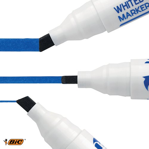 These Bic Velleda Whiteboard Markers feature ketone-based ink that glides on smoothly and erases just as easily, and is low odour to ensure comfort when writing extensively. It features a strong acrylic tip that will not bend or retract into the barrel, even with heavy use. The chisel tip delivers a variable line thickness between 3. 7mm to 5. 5mm, perfect sketching diagrams or creating bold titles.