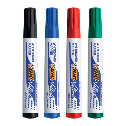 These Bic Velleda Whiteboard Markers feature ketone-based ink that glides on smoothly and erases just as easily, and is low odour to ensure comfort when writing extensively. It features a strong acrylic tip that will not bend or retract into the barrel, even with heavy use. The bullet tip writes a consistent bold line for ease of use.