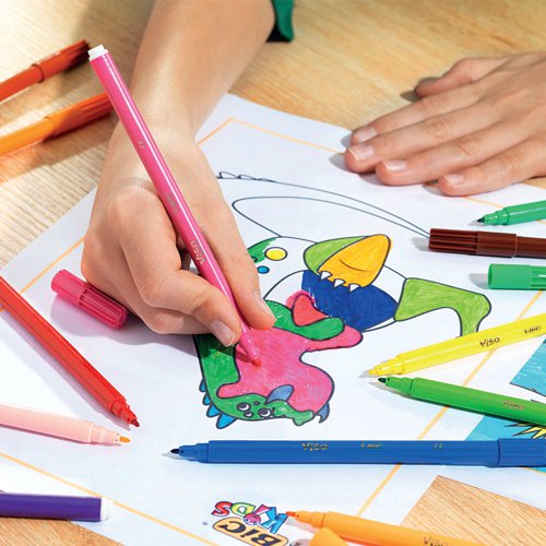 Ideal for classroom use, these Bic Kids Visa Felt Pens feature an ultra fine tip for detailed drawing and colouring. The pens contains water based ink, which is washable from most fabrics. This bulk pack contains 36 felt pens in vibrant assorted colours.