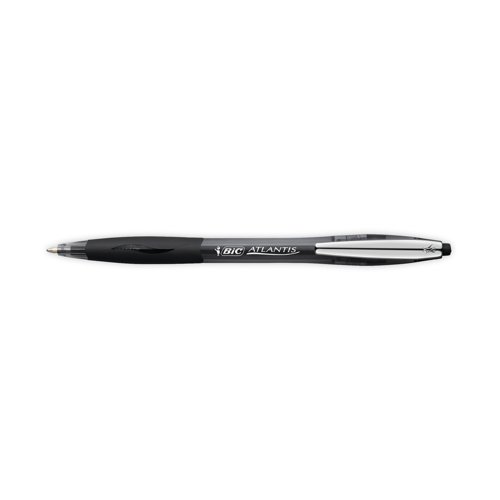 These Bic Atlantis Premium Ballpoint Pens feature Bic Easy Glide ink for smoother, more consistent writing. The medium 1.0mm tip writes a 0.4mm line width, perfect for everyday handwriting. The retractable pen also features a stylish curved barrel for comfort in use and metal pocket clip. This pack contains 12 black pens.