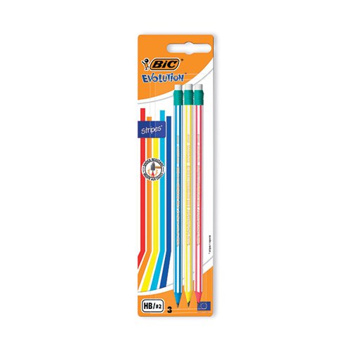 Bic Stripes HB Pencils Eraser Tip Assorted Blister (Pack of 3) 8902781