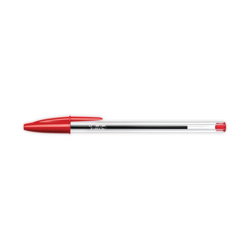 These Bic Cristal Ballpoint Pens feature a durable tungsten carbide ball mechanism and smooth oil-based ink for reliable, everyday use. The medium 1.0mm tip produces a thin 0.4mm line for elegant handwriting and detailed sketching. The hexagonal barrel includes a red cap and end plug that matches the ink for easy identification. This pack contains 50 red pens.
