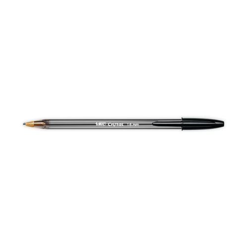These Bic Cristal Ballpoint Pens feature a durable tungsten carbide ball mechanism and smooth oil-based ink for reliable, everyday use. The large 1.6mm tip produces a 0.6mm line for bold handwriting. The hexagonal barrel includes a black cap and end plug that matches the ink for easy identification. This pack contains 50 black pens.