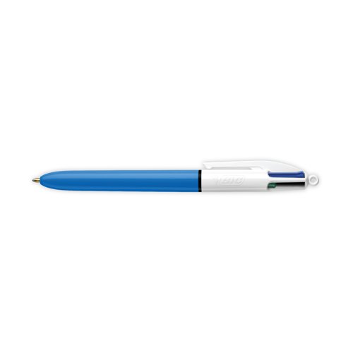 With four colours in one pen, the Bic 4 Colours Ballpoint Pen is a versatile choice for teachers, editors and other users. It features four smooth sliders at the top of the barrel for easy selection between black, blue, red and green ink. The chunky blue barrel provides a firm grip for comfort and control. This medium format pen features a 1mm tip for a line width of 0.4mm, ideal for general handwriting use.