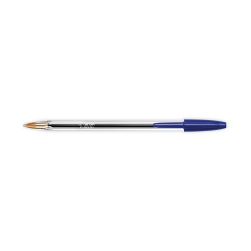 These Bic Cristal Ballpoint Pens feature a durable tungsten carbide ball mechanism and smooth oil-based ink for reliable, everyday use. The medium 1.0mm tip produces a thin 0.4mm line for elegant handwriting and detailed sketching. The hexagonal barrel includes a blue cap and end plug that matches the ink for easy identification. This value pack contains 100 blue pens.