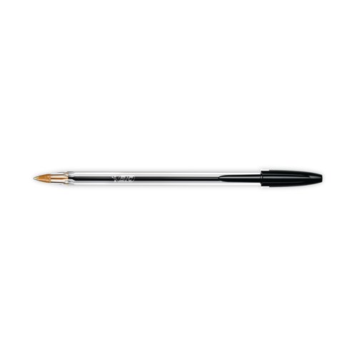 These Bic Cristal Ballpoint Pens feature a durable tungsten carbide ball mechanism and smooth oil-based ink for reliable, everyday use. The medium 1.0mm tip produces a thin 0.4mm line for elegant handwriting and detailed sketching. The hexagonal barrel includes a black cap and end plug that matches the ink for easy identification. This value pack contains 100 black pens.
