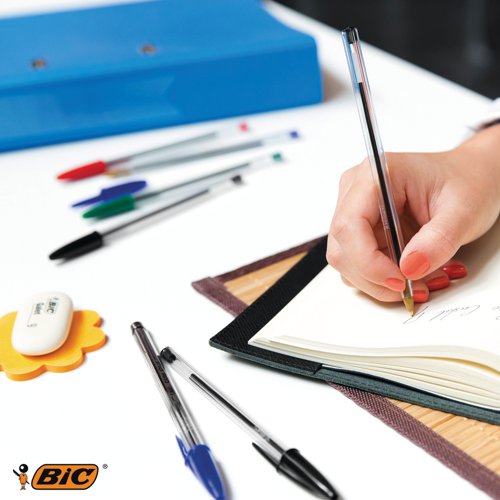 These Bic Cristal Ballpoint Pens feature a durable tungsten carbide ball mechanism and smooth oil-based ink for reliable, everyday use. The medium 1.0mm tip produces a thin 0.4mm line for elegant handwriting and detailed sketching. The hexagonal barrel includes a black cap and end plug that matches the ink for easy identification. This value pack contains 100 black pens.