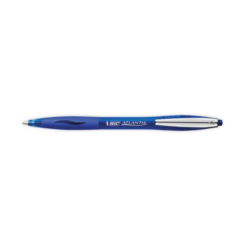 These Bic Atlantis Premium Ballpoint Pens feature Bic Easy Glide ink for smoother, more consistent writing. The medium 1.0mm tip writes a 0.4mm line width, perfect for everyday handwriting. The retractable pen also features a stylish curved barrel for comfort in use and a metal pocket clip. This pack contains 12 blue pens.
