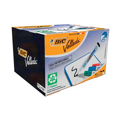 These Bic Velleda 1701 Drywipe Markers provide premium writing and sketching performance with your whiteboard. The alcohol-based ink glides on smoothly and erases just as easily, and is low odour. The markers feature a strong acrylic tip that won't bend or retract into the barrel, even with heavy use. The bullet tip delivers a 1.5mm line width. This bulk pack contains 48 markers in assorted colours.