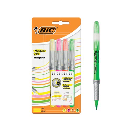 These unique Bic Flex highlighters feature a flexible brush tip, which will produce a fine, medium and a broad line width for versatile use. The pocket sized highlighters can be left uncapped for up to 24 hours without drying out and feature a textured rubber grip for comfortable use. This assorted pack of 4 contains Green, Orange, Pink, and Yellow highlighter pens.