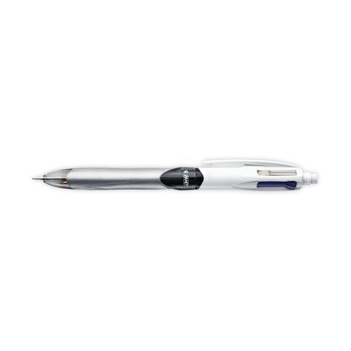 Ideal for versatile use, this Bic 4 Colours Pen contains 3 ballpoint pens and a mechanical pencil all in one chunky barrel. It features four smooth sliders at the top of the barrel for easy selection between 1 x 0.7mm HB lead or 3 x 1.0mm ballpoint pens in black, blue and red ink. The ballpoint pens write a medium 0.4mm line width. This pack contains 12 pens.