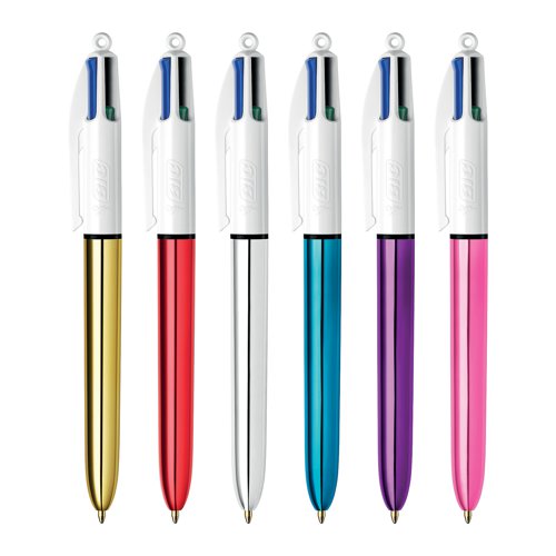 Add some colour to your desktop with this assorted pack of Bic 4 Colour Ballpoint Pens. They feature inks in four colours which can be easily selected and changed with the sliders for colour coded note taking and marking. The pens come in assorted metallic colours with a pocket clip for use on the go.