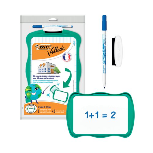 This BIC Velleda Eco recycled whiteboard is made from recycled BIC pencils! This whiteboard for kids has a blank side for drawing and maths and a grid on the other side for learning to write. It wipes clean easily with the clip-on eraser, even after several days. It comes with a fine BIC Velleda 1721 blue whiteboard marker. This lightweight and break-resistant 210 x 310 mm whiteboard has an ergonomic design, particularly suited for small hands.