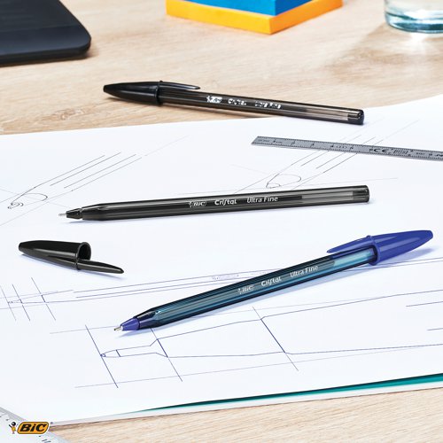 The best-selling Bic Cristal Ballpoint Pen with an ultra-fine line width for smaller or more precise writing styles. Bic Cristal features a durable tungsten carbide ball mechanism and smooth oil-based ink for everyday use. Each pen has a clear barrel with a cap and plug end that matches the ink for easy identification.