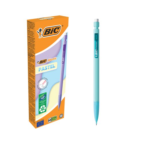 BC71454 | This Bic Matic mechanical pencil with strong 0.7mm HB lead for writing, drawing and sketching is lightweight and writes smooth, dark lines. Made from 57% recycled materials, the pencil features a comfortable design with built-in eraser for use at home, school, or in the office. Each pencil comes with 3 x 90mm HB leads which are great for all writing tasks. This pack contains 12 mechanical pencils in the pastel colours of purple, pink, blue, green and lilac.