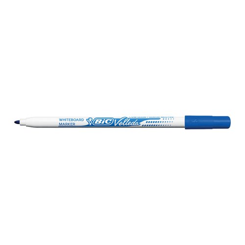 BC72106 | These Bic Velleda Whiteboard Markers provide premium writing and sketching performance with your drywipe whiteboard. The alcohol-based ink glides on smoothly and erases just as easily, and is low odour. The markers feature a strong acrylic tip that will not bend or retract into the barrel, even with heavy use. The fine bullet tip delivers a 1.4mm line width, perfect for small text and detailed whiteboard work. This bulk pack contains 24 blue markers.