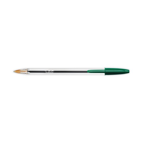 These Bic Cristal Ballpoint Pens feature a durable tungsten carbide ball mechanism and smooth oil-based ink for reliable, everyday use. The medium 1.0mm tip produces a thin 0.4mm line for elegant handwriting and detailed sketching. The hexagonal barrel includes a green cap and end plug that matches the ink for easy identification. This pack contains 50 green pens.
