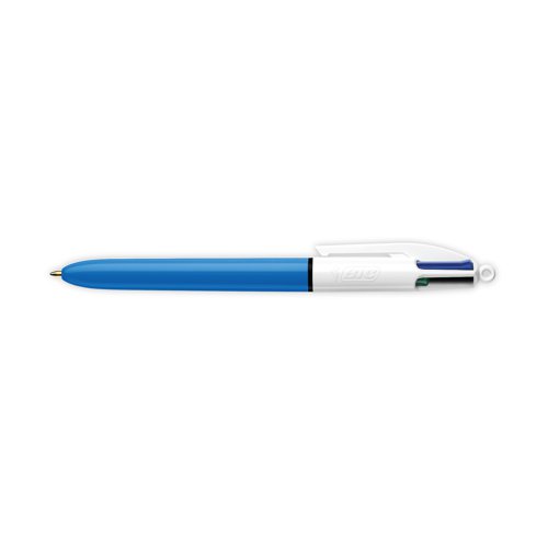 The Bic 4-Colour Pen features four smooth sliders at the top of the barrel for easy selection between black, blue, red and green ink. The chunky blue barrel provides a firm grip for comfort and control. This medium format pen features a 1mm tip for a line width of 0.4mm, ideal for general handwriting use.