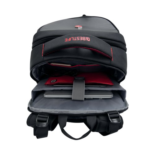 This BestLife Gaming Snake Eye Backpack has been specially designed for gamers. Its three compartments provide all the space you need to carry your electronic devices and personal equipment. This gaming backpack has a padded, anti-vibration compartment to protect laptops up to 17 inches and a handy USB connector for charging your devices on the go.