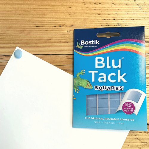 The original reusable adhesive supplied in packs of pre-cut squares, making it easy to tear. This clean, safe and easy to use sticky tack provides an ideal alternative to drawing pins or sticky tape. Perfect for use around the home, office and school. This pack includes 12 packs of Blu Tack squares.