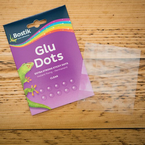 Bostik Extra Strong Glu Dots are circles of clear, extra strong glue which sticks to almost any flat surface. Suitable for use on paper, wood, plastic, metal glass and painted surfaces, these glu dots are ideal for gift wrapping, photo albums, craft projects and instant fixing. Made from an acid and lignin free formula, the non-yellowing dots have a diameter of approximately 10mm.