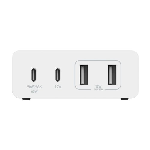 The Belkin Mobile Device Charger can charge up to 4 devices at once, making it ideal for use in the office and at home. GaN technology ensures efficient charging for all connected devices. 2 USB Type-C and 2 USB-Type A ports offer versatile connectivity to use your existing cables.