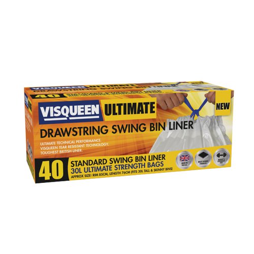 Visqueen Ultimate Swing Bin Liner 30 Litre Drawstring White RS057767 Pack 40