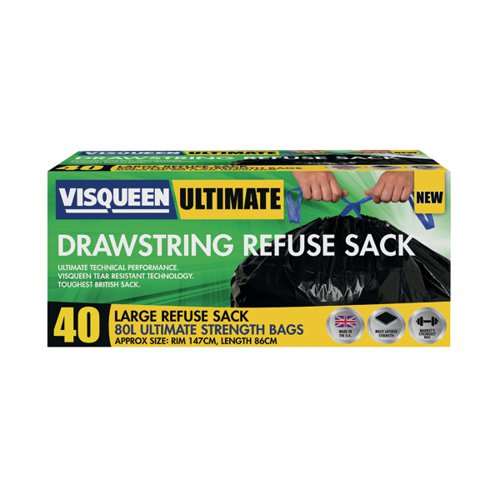 Visqueen Ultimate Drawstring Refuse Sack 80 Litre Black RS057770 Pack 40