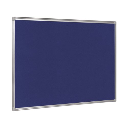 This Bi-Office Noticeboard features flame resistant blue felt and a plastic frame with a smart aluminium-look finish. Perfect for displays, notices, presentations and more, the noticeboard features corner caps to conceal the fixings. This blue noticeboard measures 600 x 450mm. Please note: although the felt is flame resistant, the board itself is not.