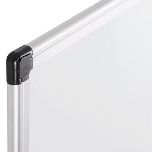 Great for classrooms and meeting rooms, this Bi-Office drywipe board features a slim anodised aluminium frame with a matching aluminium pen tray, which simply clips onto the frame in any position. The magnetic surface also allows you to attach posters, notes or magnetic erasers and pens to the board for ease of use. Supplied with wall fixings, this board measures W1800 x H1200mm.