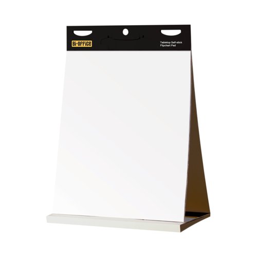 This Bi-Office Self-Stick Flipchart Pad offers a versatile and convenient way of writing notes for presentations and meetings. Simply peel off each page and affix it to a wall to write up meeting notes or brainstorming ideas, or hold the pad into a sturdy triangular shape to use as its own desktop easel, it even comes with a carrying handle. The solvent-free adhesive sticks firmly in place but can be easily removed without leaving any spots, marks or residue behind.