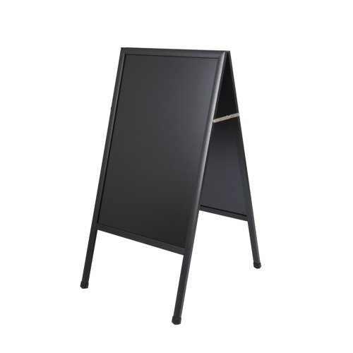 Create an eye-catching display with this Bi-Office A-Frame Chalkboard. This double sided, freestanding board features an easy clean surface for reduced dust and black wooden frame. Ideal for retail, restaurants and hospitality, the chalkboard folds flat for easy storage and transportation. The board measures W600 x H1200mm.