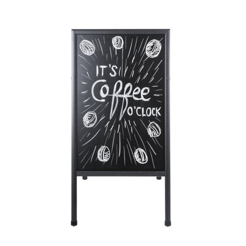 BQ76042 | Create an eye-catching display with this Bi-Office A-Frame Chalkboard. This double sided, freestanding board features an easy clean surface for reduced dust and black wooden frame. Ideal for retail, restaurants and hospitality, the chalkboard folds flat for easy storage and transportation. The board measures W600 x H1200mm.