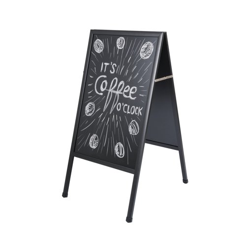 BQ76042 | Create an eye-catching display with this Bi-Office A-Frame Chalkboard. This double sided, freestanding board features an easy clean surface for reduced dust and black wooden frame. Ideal for retail, restaurants and hospitality, the chalkboard folds flat for easy storage and transportation. The board measures W600 x H1200mm.